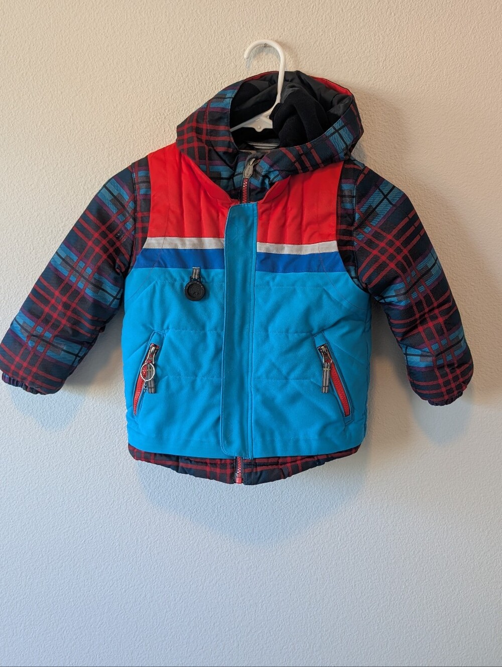 Obermeyer Kids Colorblock Plaid Hooded Puffer - Blue & Red SZ 4